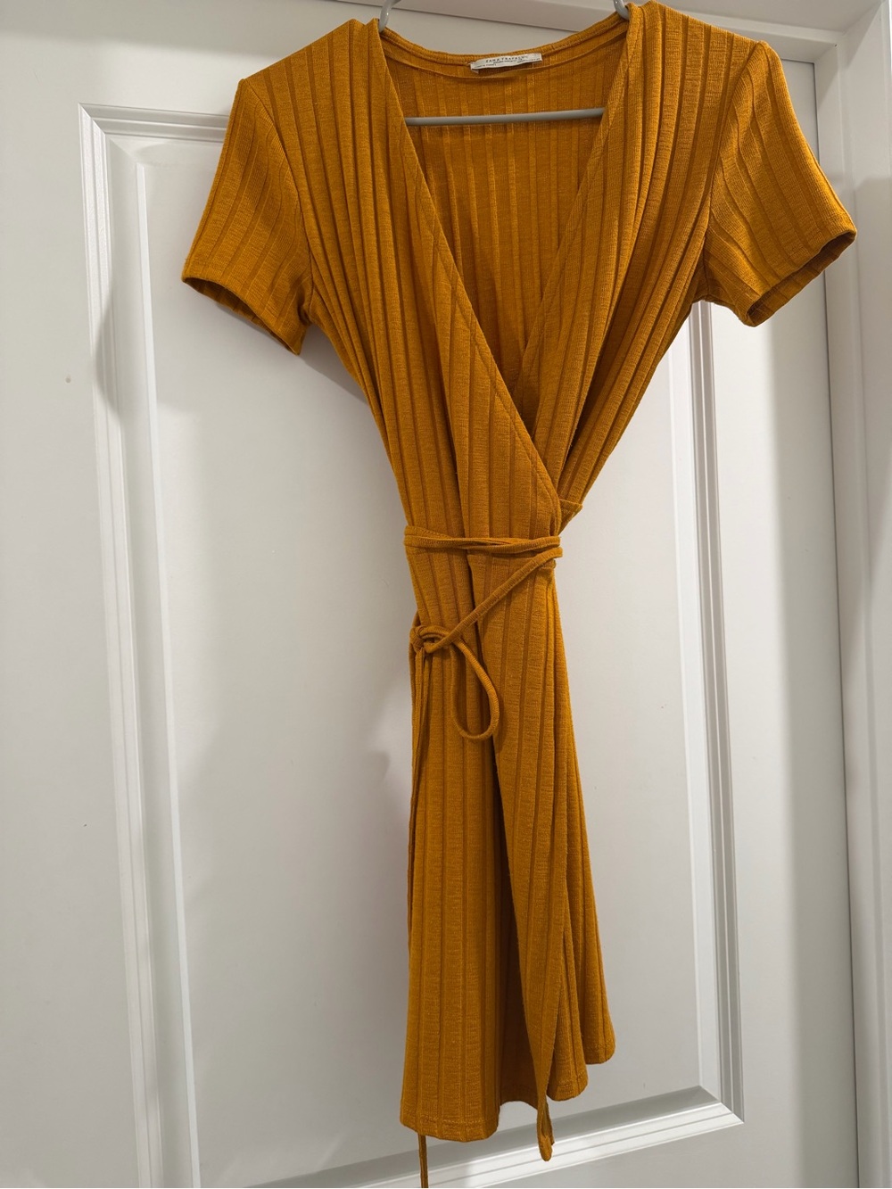 Zara Ribbed Mustard Wrap Dress with Tie Waist